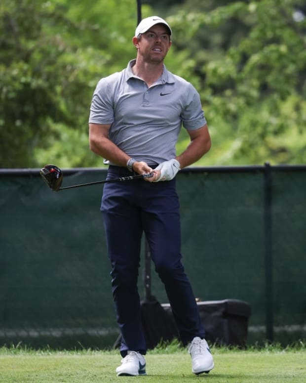 Jun 23, 2022; Cromwell, Connecticut, USA; Rory McIlroy watches his shot from the fourth tee during the first round of the Travelers Championship golf tournament. Mandatory Credit: Vincent Carchietta-USA TODAY Sports